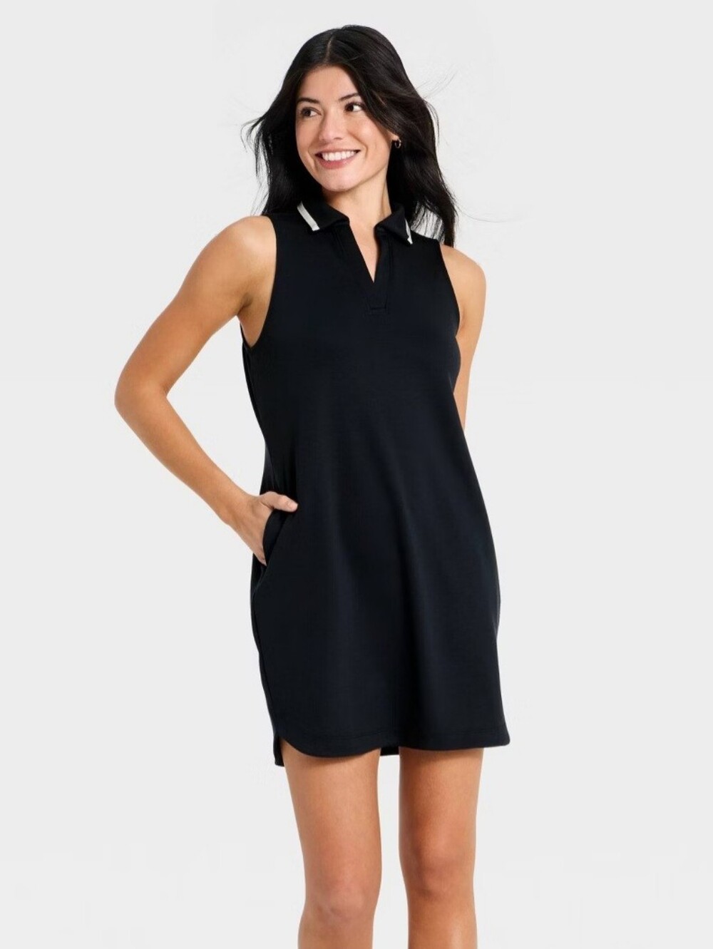 NWT All In Motion Airy Sleek Polo Dress Black Sleeveless Pockets XS